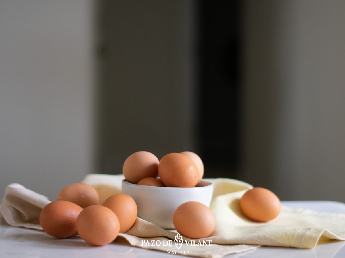 Huevos con cuenco y paño de cocina
